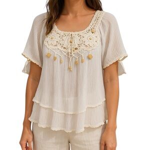 Cream Small Crochet Gauzy Short Sleeve Shirt Beachy Coastal